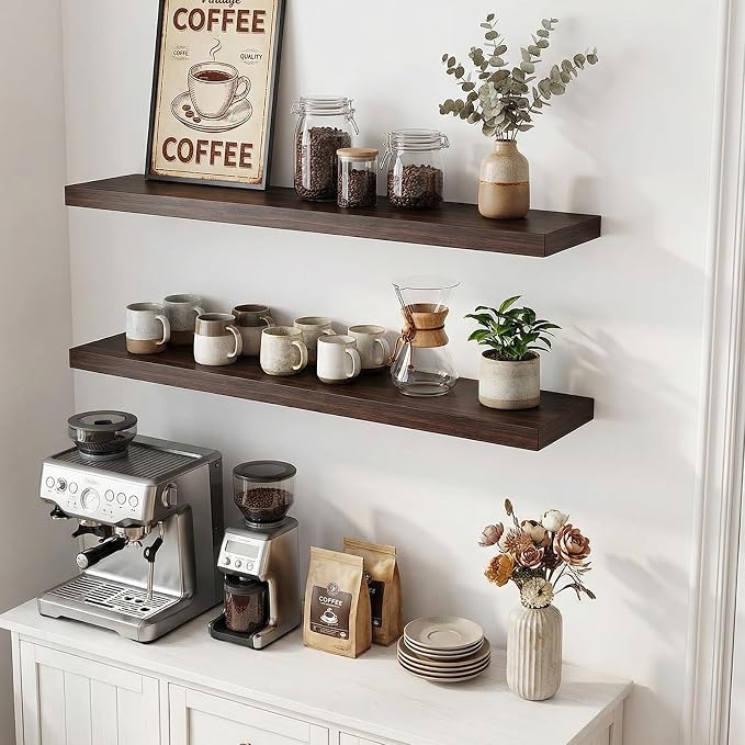 31.5in Floating Shelves for Wall, Wall Mounted Shelves for Decor Storage Set of 2, Floating Shelf for Bedroom, Bathroom, Living Room and Kitchen（Dark Walnut）