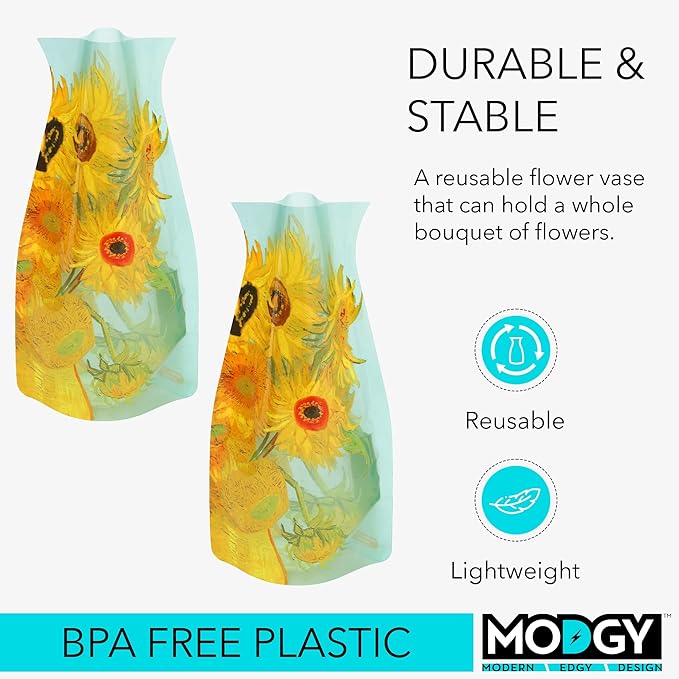 MODGY Expandable Flower Vase, Plastic Decorative Modern Foldable Printed Vases for Centerpieces for Wedding, Dining Table, Home Decor, Living Room, Bathroom, Sunflowers, Vincent Van Gogh, 2 Pack