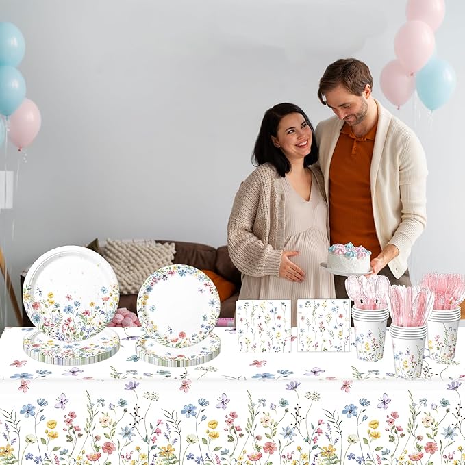 168PCS Wildflower Party Decorations Spring Floral Baby Shower Birthday Decorations Include Plates, Cups, Napkins, Cutlery for Wildflower Baby Shower Tea Decorations, Serve 24