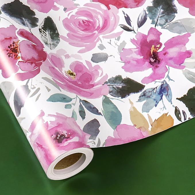 RUSPEPA Reversible Floral Wrapping Paper for Women, Mini Roll, Vintage Pink Rose with Deep Green Solid, Elegant Gift Wrap for Birthday, Wedding, Mother's Day, Bridal Shower, 17 Inches x 16.4 Feet