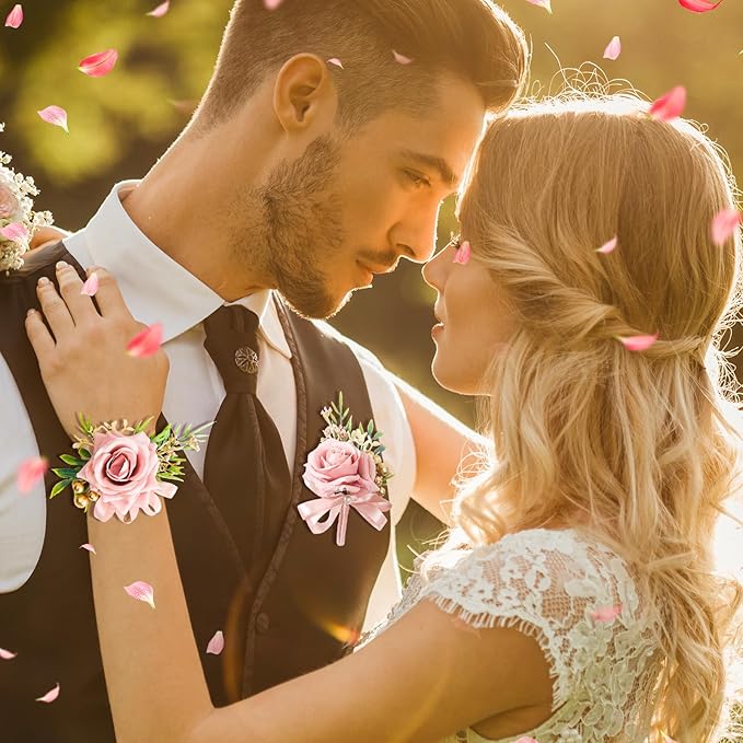 2 Pcs Pink Rose Wrist Corsage and Boutonniere Set, Rose Corsage Hand for Women, Boutonniere for Men Wedding Artificial Flowers Accessories Prom Decor, Wedding Party Accessories (Pink)