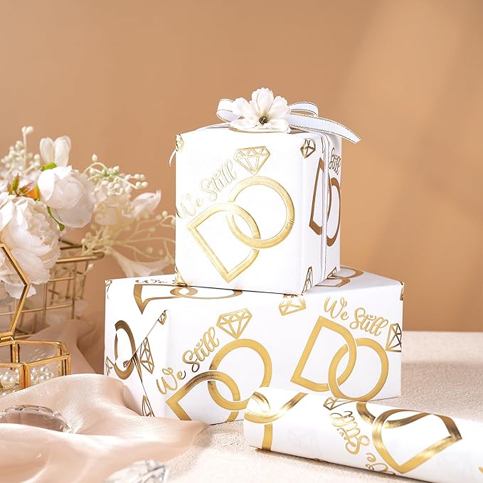 RUSPEPA Anniversary Wrapping Paper Roll, Mini Roll, Gold Foil We Still Do Design with Wedding Ring, Elegant Gift Wrap for Wedding, Anniversary, Engagement, Bridal Shower, 17 Inches x 16.4 Feet