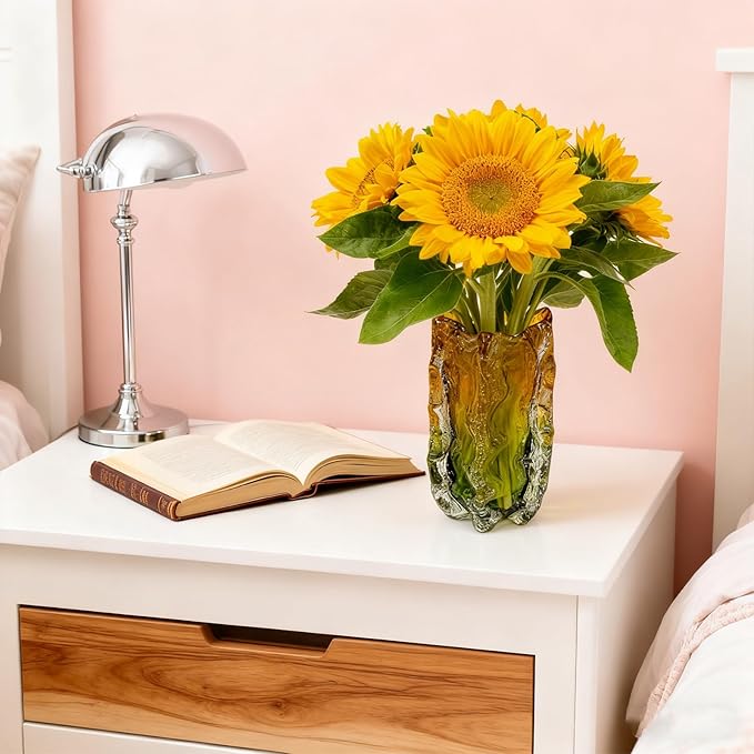 Blown Glass Bubble with Ruffled Edge Vase, Art Glass for Home Decor, Tall Vases for Centerpieces & Flowers, Crystal-Like for Bouquets & Pampas Grass, Vases Amber, Flower Bouquet Display (Yellow, L)