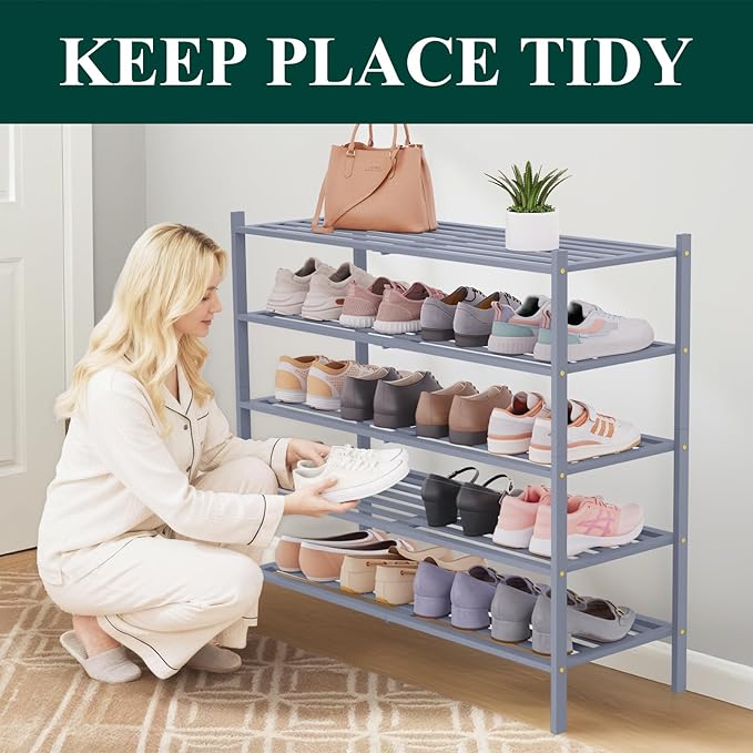 Smiry Long Bamboo Shoe Rack 5-Tier, Stackable Wooden Shoe Organizer for Entryway & Closet, Free Standing Wood Shoe Storage Shelf for Front Door & Small Spaces, Grey