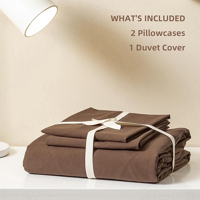 JIYUAN 100% Washed Cotton Duvet Cover Set 3 Pieces Queen, 1 Duvet Cover 90x90 Inches(Comforter Not Included) and 2 Pillowcases,Linen Feel Bedding Set Comfy and Breathable,Chocolate Brown