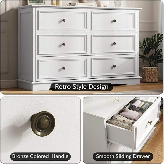 White Dressers for Bedroom, Modern 6 Drawer Dresser with Deep Drawers, Wooden Chest of Drawer and Bedroom Closet Dressers for Living Room, Entryway, Hallway