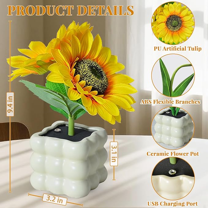 Flower Table Lamp, Touch Stepless Dimming Night Light, USB Rechargeable Small Desk Lamp, LED Sunflowers Artificial Flowers Lamp Aesthetic for Bedroom Home Decor (Sunflower-B)