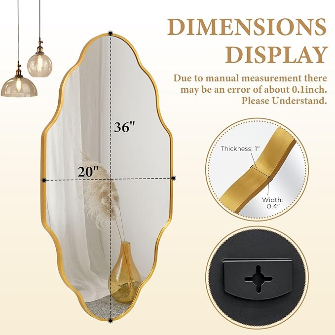 Scalloped Mirror for Bathroom - 20"x36" Gold Bathroom Mirror with Aviation Aluminum Alloy Frame & Shatter-Proof Glass for Living Room Bedroom Entryway, Brushed Gold Frame(x1)