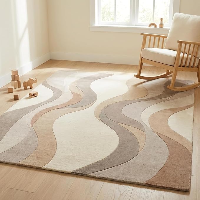 Geometric Multicolor Hand Tufted Wool Area Rug Modern Style Curve Pattern Warm Backing Floor Rug for Bedrooms Lounge Entryways & Gallary 5x5 Feet