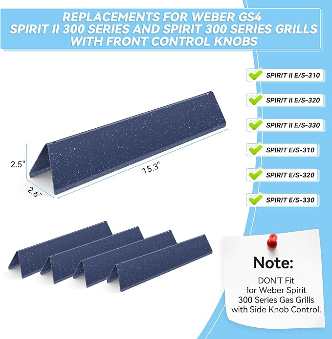 15.3 inch Flavorizer Bars for Weber Spirit 300 and GS4 Spirit II 300 Series E310 E320 E330 S310 S320 S330 with Front Control Knobs, Porcelain Steel Grill Heat Plates Replacement for 7636, 5 Pack