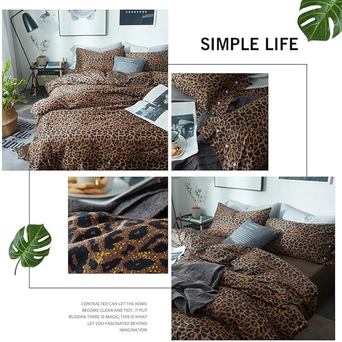 mixinni Leopard Print Duvet Cover Queen Size Long Staple Cotton Queen Bedding Set with Zipper Closure Ties, Perfect for Man and Woman, Ultra Soft and Easy Care (3pcs, Queen Size)