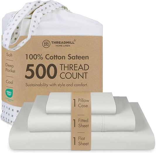 Threadmill Cotton Twin Sheets Set, 5 Star Hotel Quality Bed Sheets, 100% Cotton Sheets, 500 Thread Count, Deep Pocket, Snug Fit for Twin Mattress, Soft & Crisp 3 Piece Sheet Set, Light Grey