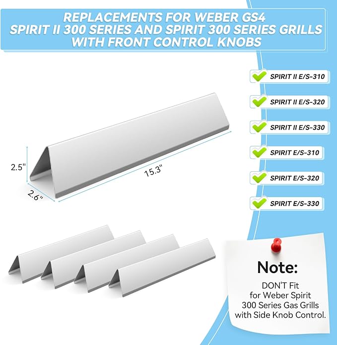 15.3 inch Flavorizer Bars for Weber Spirit 300 and GS4 Spirit II 300 Series E310 E320 E330 S310 S320 S330 with Front Control Knobs, Stainless Steel Grill Heat Plates Replacement for 7636, 5 Pack