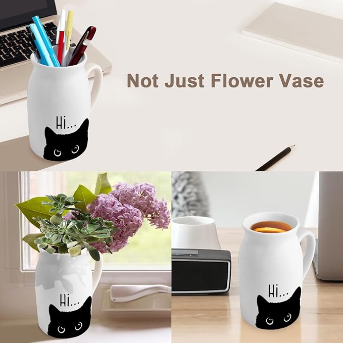 Cute Cat Themed Gifts, Small Ceramic Flower Vase Funny Coffee Mug for Cat Lover Owner Women Friend, Home Living Room Farmhouse Office Desk Table Shelf Decor (No Plants)