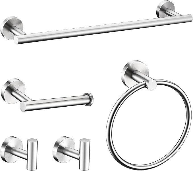 5 Pieces Brushed Nickel Bathroom Hardware Accessories Set, SUS304 Stainless Steel 24 Inch Bath Towel Bar Set, Round Bathroom Towel Holder Set, Towel Racks for Bathroom Wall Mounted