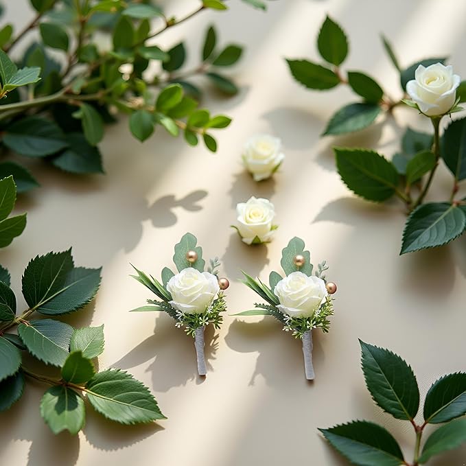 Jowxsx 2Pcs Roses Boutonniere for Men Wedding, Groom Groomsman Artificial White Rose Flowers with pins for Wedding Anniversary Celebration,Prom,Party,Home Decoration Artificial Flowers