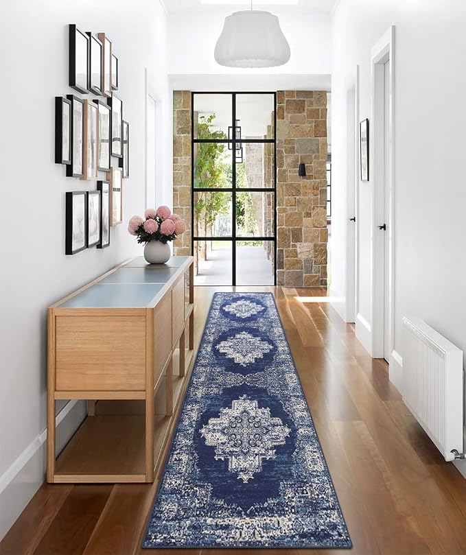 vivorug Runner Rug 2x10 Machine Washable Rug with Non-Slip Backing, Ideal for Kitchen Hallway Entryway Laundry Room - Vintage-Inspired, Durable, Easy Clean, Low Pile Carpet Runner, Navy Blue