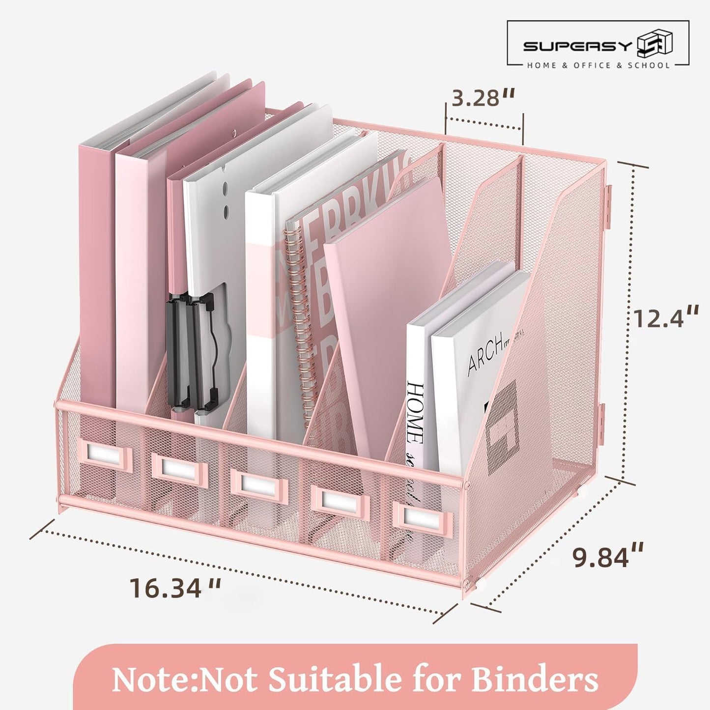SUPEASY Desk Organizer - Metal Magazine File Holder with 5 Vertical Compartments | Pink for Office & Home