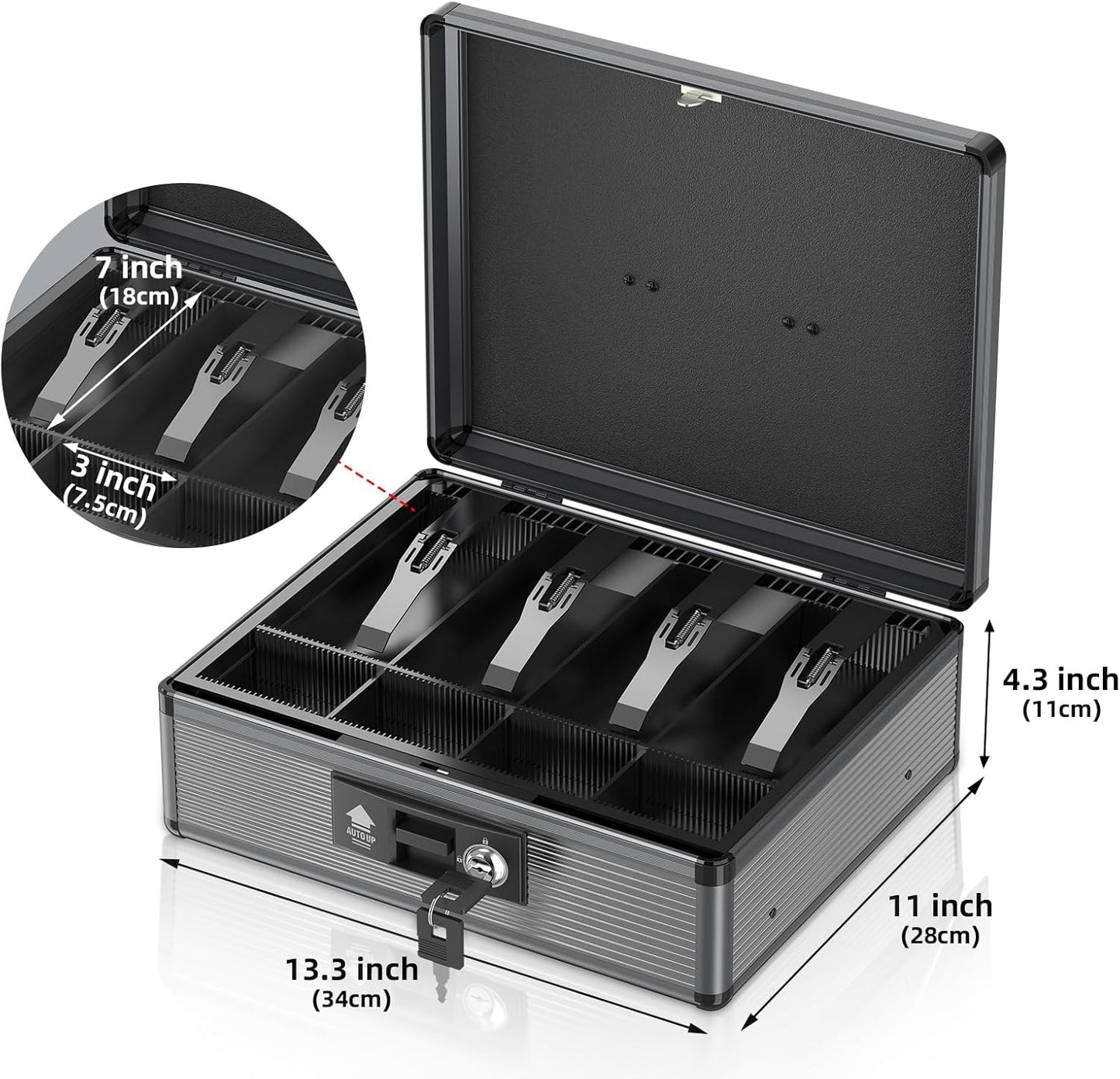 Skiennix Locking Cash Box - Secure Money Safe with Tray & Key | Extra Large Black Organizer