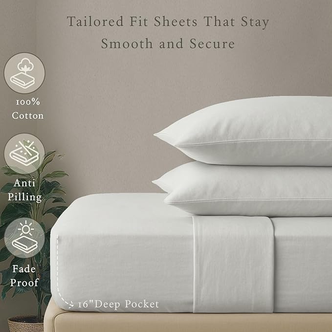 Threadmill Cotton Full Size Sheet Set, Deep Pocket, Fade Resistance, 500 Thread Count, Solid 4-Piece Bed Sheets for Full Size Mattress (1 Flat, 1 Fitted Sheet, 2 Pillow Covers), Light Grey