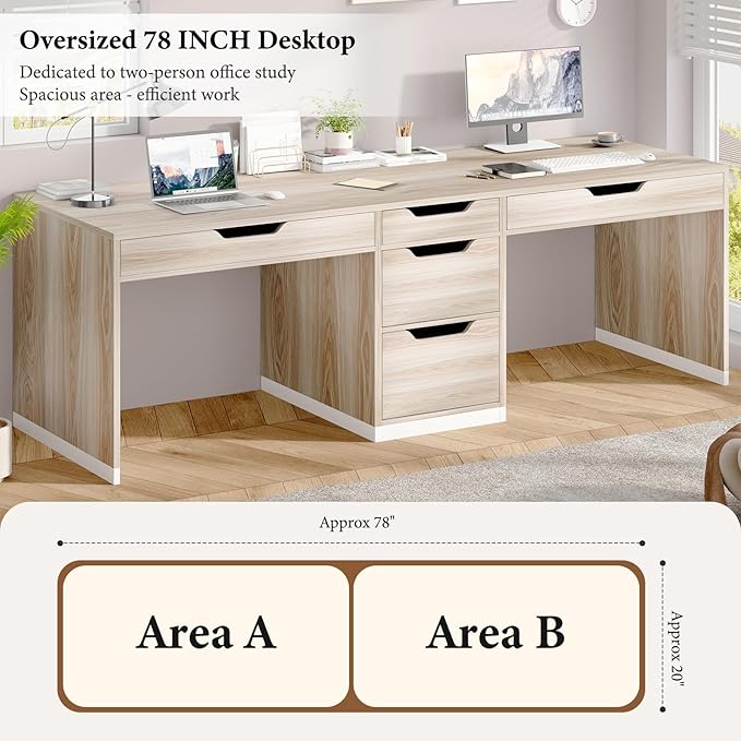 Two Person Desk with 5 Drawers, Double Desk with Storage for 2 People, 78 Inch Extra Long Computer Desk Workstation with File Drawer for Home Office, White and Walnut