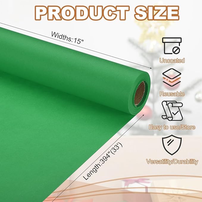 PATIKIL Wrapping Paper, 15" x 394"(33') 70 GSM Craft Paper Roll Kraft Packing Paper for Poster Bulletin Board, Gift Wrapping, Green