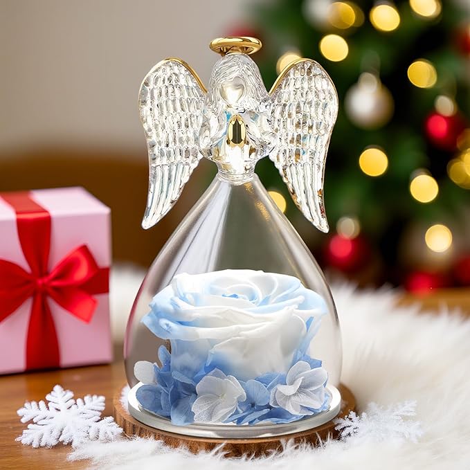 Yamonic Birthday Gifts for Mom Women, Angel Figurines with Real Rose Gifts for Her Mom Grandma, Mothers Day Preserved Flowers Rose for Christmas Valentine's Day (White+Blue)