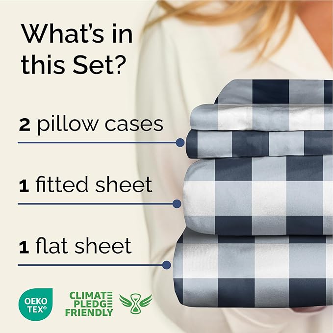 Blue Gingham Bed Sheet Set – 1 Flat & 1 Fitted Sheet & 2 Pillowcases w/ Deep Pockets – Grid, Plaid, Checkered Pattern Bedding - Wrinkle & Fade Resistant - Ultra-Soft, Breathable & Cooling - King Size