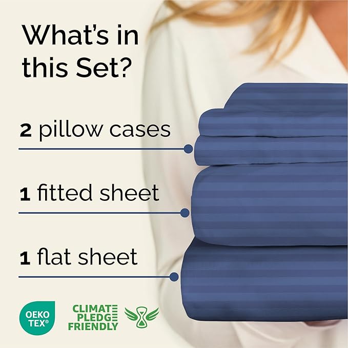 Striped Sheets - Blue Striped Sheets - 1 Flat & 1 Fitted & 2 Pillowcases w/ Deep Pockets – Comfy, Wrinkle & Fade Free - Ultra-Soft, Breathable & Cooling – Luxury Pinstripe Bedding - Queen Size Bed Set
