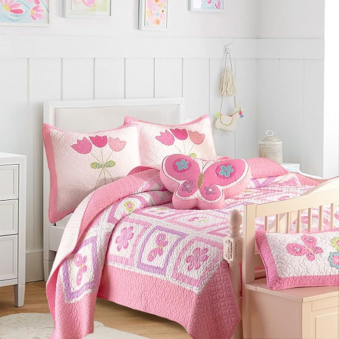 Cozy Line Home Fashions Pink Butterfly Tulip Floral Print Girl 100% Cotton Reversible Quilt Bedding Set, Coverlet, Bedspread (Twin - 4 Piece)