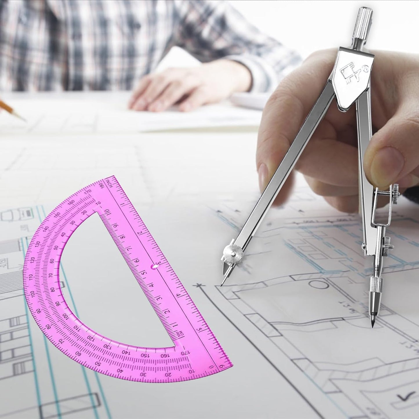 Students Geometry Math Set - Drawing Compass & 6-Inch Transparent Protractor (Pink)