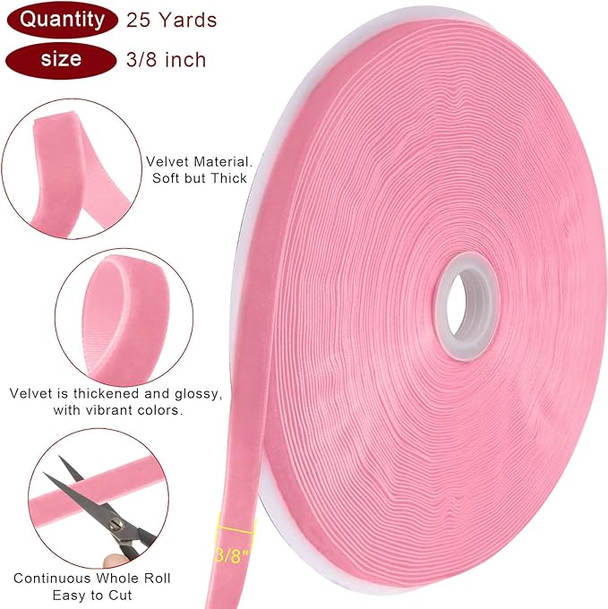 25 Yards Pink Velvet Ribbon for Christmas Tree,3/8 Inch Velvet Christmas Ribbon for Gift Wrapping Crafts Bow Wreath Holiday Decorations (Pink)