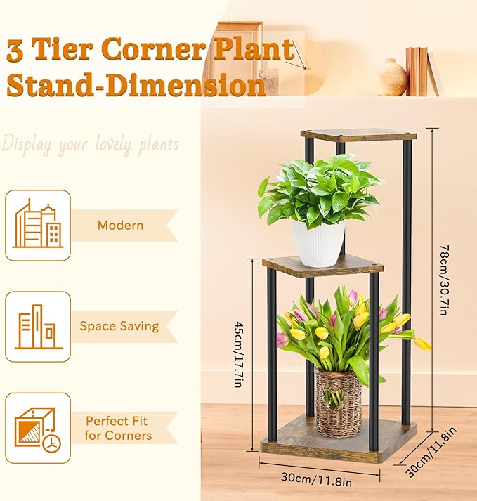 Oppro 3 Tier Corner Plant Stand Indoor, Metal Wood Flower Pot Holder Shelf, Multiple Display Rack Square Table for Living Room Bedroom Orchid Outdoor Balcony Garden Patio, Modern Black & Rustic Brown