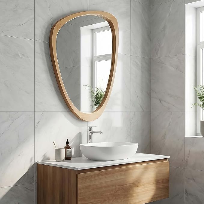 Majnesvon 20x30 Inch Asymmetrical Wall Mirror Wood,Rustic Irregular Shaped Vanity Mirror for Bathroom,Bedroom, Living Room, Entryway, Fireplace,Wall Decor,Solid Wooden Frame (Oak, 20"x30" Inch)
