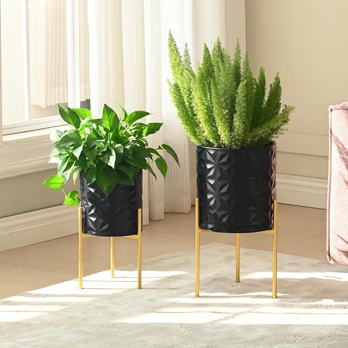Modern Planter Pots, Set of 2 Black Planters with Stand, Decorative Planters, Metal Pots with Drainage Holes for Living Room, Office, Garden