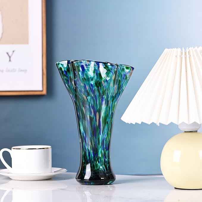 9.8" Tall Teal Blue Hand Blown Glass Vases for Home Decor,Modern Wide Mouth Ruffle Flower Vase Table Centerpieces,Colored Coastal Sea Glass Art for Bookshelf,Bathroom,Counterto,Wedding