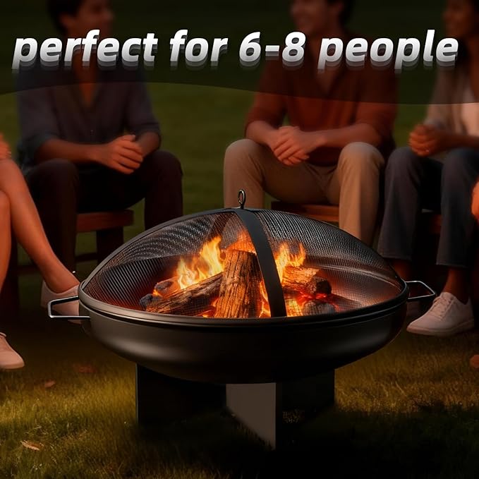 HEAHOLD 24 Inch Fire Pit for Outside Outdoor Wood Burning Firepit Bowl Heavy Duty Steel Bonfire Pit for Patio Backyard Camping Deck with Spark Screen, Log Grate & Poker