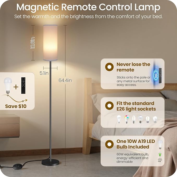 Set of 2 Dimmable Floor Lamps for Living Room with 2 Remotes and Foot Switch, 64.4”Modern Standing Tall Lamp, Corner Lamp for Bedroom, Bulb Included, 3000K-6500K, White Shade CW06LDP205W1