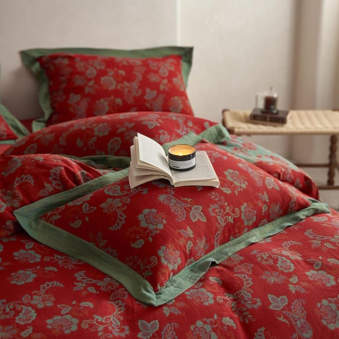 mixinni Exquisite Vintage Red Floral Duvet Cover King Size Yarn-Dyed Jacquard Textured Design Duvet Cover Set with Green Edge Design Premium Muslin Cotton-Linen Bedding Set for All Season-King Size