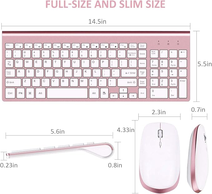 FENIFOX Keyboard and Mouse Wireless, USB 2.4GHz Combo Silent Quiet Low Profile Compact Full Size Flat Slim Thin Portable with Number Pad Soft Cover for PC Laptop Computer Office - Pink & Rose Gold