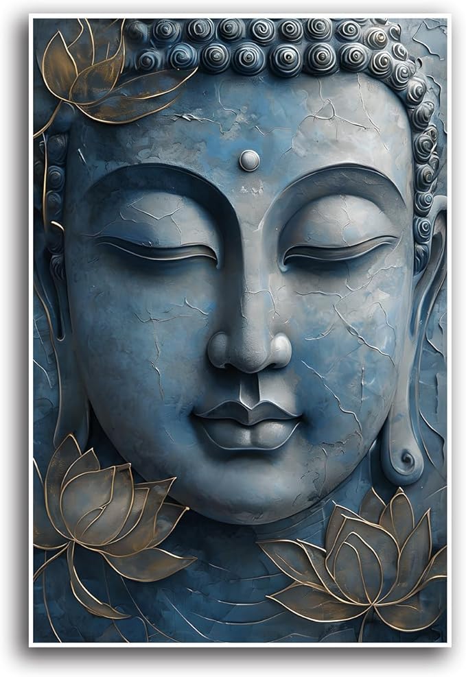 Canvas wall art Golden lotus crown Serene Buddha poster Ethereal blue toned art with delicate floral decor Zen wall art for a tranquil meditation space 12x18in Frameless