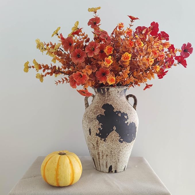 Pottery Vase - Vintage Rustic vase, 10" White Farmhouse Weathered Terracotta Vases, Handmade Clay Vase with Two Handles, Tall Textured Antique vases for Home Decor, Entryway, Fireplace Mantel Deco
