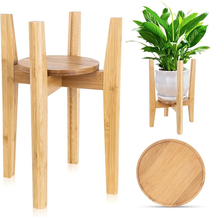 Adjustable Plant Stand with Tray,Indoor Wood Plant Stand Fit 8'' to 12'' Planter,Mid Century Modern Flower Pot Holder Rack(Plant and Pot Not Included)