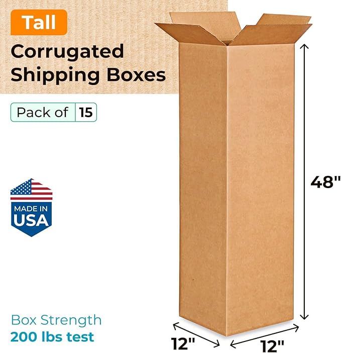 IDL Packaging Medium Corrugated Shipping Boxes 12"L x 12"W x 48"H (Pack of 15) - Prime Choice of Strong Packing Boxes for USPS, UPS, FedEx Shipping - Easy-to-Recycle Cardboard Boxes for Packaging
