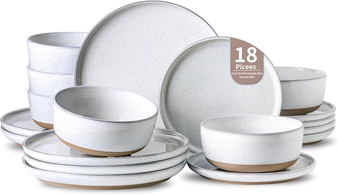 HASENSE Plates and Bowls Sets, 18 Pieces Porcelain Dishes Sets Service for 6, Stoneware Dinnerware Sets with Speckled Pattern, Scratch Resistant Microwave and Dishwasher Safe, Bluish White