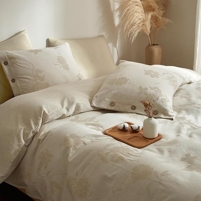 mixinni Queen Duvet Cover Set - 70% Cotton 30% Linen Blend, Bohemian Floral Jacquard 3-Piece Comforter Cover with 2 Pillowcases, Soft Breathable Lightweight Bedding Set (90"x90"), Almond Milk Grey