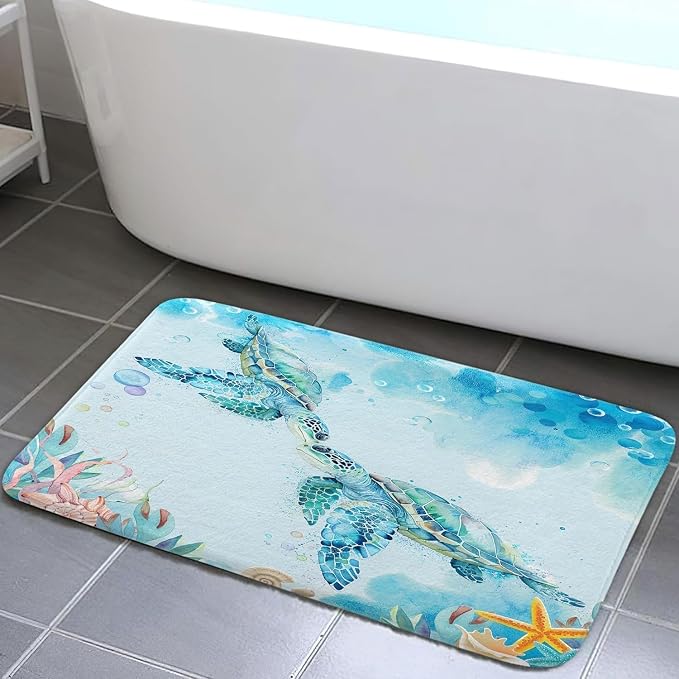 Turtle Bathroom Rugs, Sea Turtle Bathroom Mats Rugs Ocean Bath Mats for Bathroom Underwater Seashell Tropical Marine Animal Nautical Beach Floor Rug Carpets Floor Mat 17"X29" for Kitchen Indoor