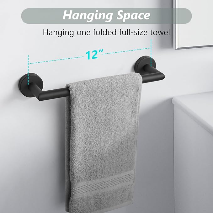 JunSun Bathroom Towel Bar 12 Inch Matte Black Towel Racks Wall Mounted Bath Hand Towel Holder Modern Home Decor Towel Rods Bathroom Hardware Stainless Steel Towel Hangers Towel Rail Single Towel Bars
