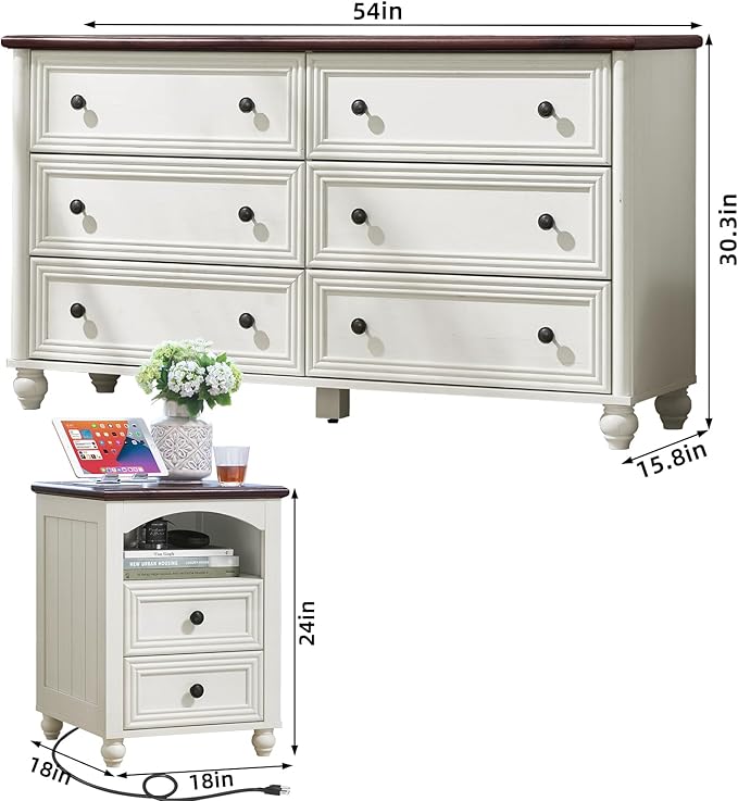 Dressers & Night Stand Set of 3, Wood 54" Wide Dresser & 18" Charging Station Chest of Drawers, Roman Column 2 Drawer Nightstand Set of 2, Bedroom Furniture Dresser Suites for Home Living Room Hallway