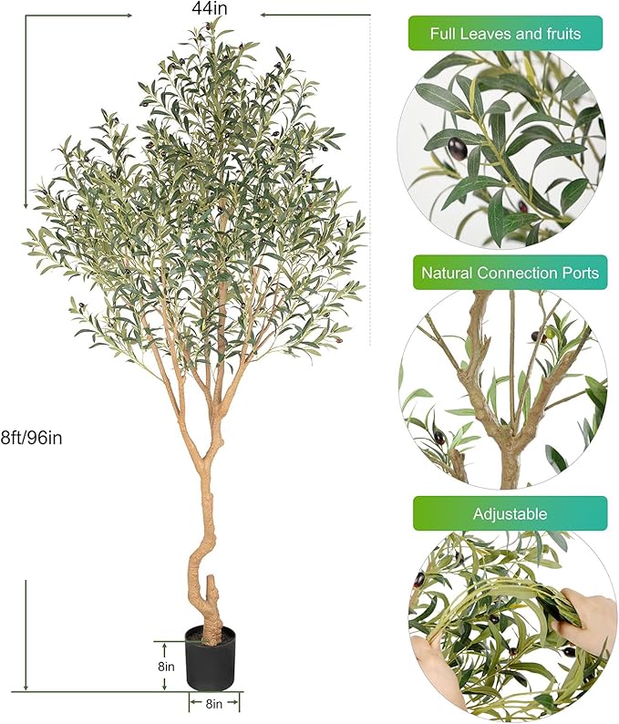 Tall Faux Olive Tree，8ft（96in） Realistic Potted Silk Artificial Olive Tree， Fake Olive Trees Indoor with Green Leaves and Big Fruits for Home Office Living Room Stairs Patio Decor.